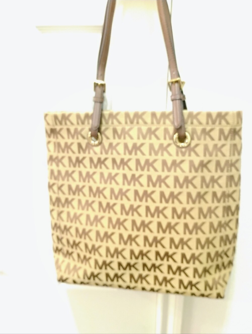 Michael Kors Beige Logo Canvas Tote with Taupe Straps - Picture 2 of 5
